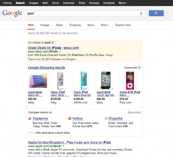 Links to Supaprice, Kelkoo and Shopzilla sit below Google’s own specific paid listings and prices for buying an iPod.